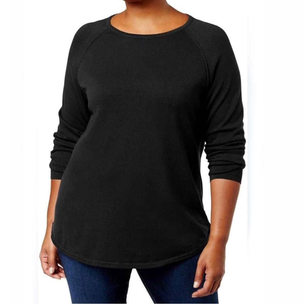 Karen Scott Cotton Boat Neckline Basic Black Sweater